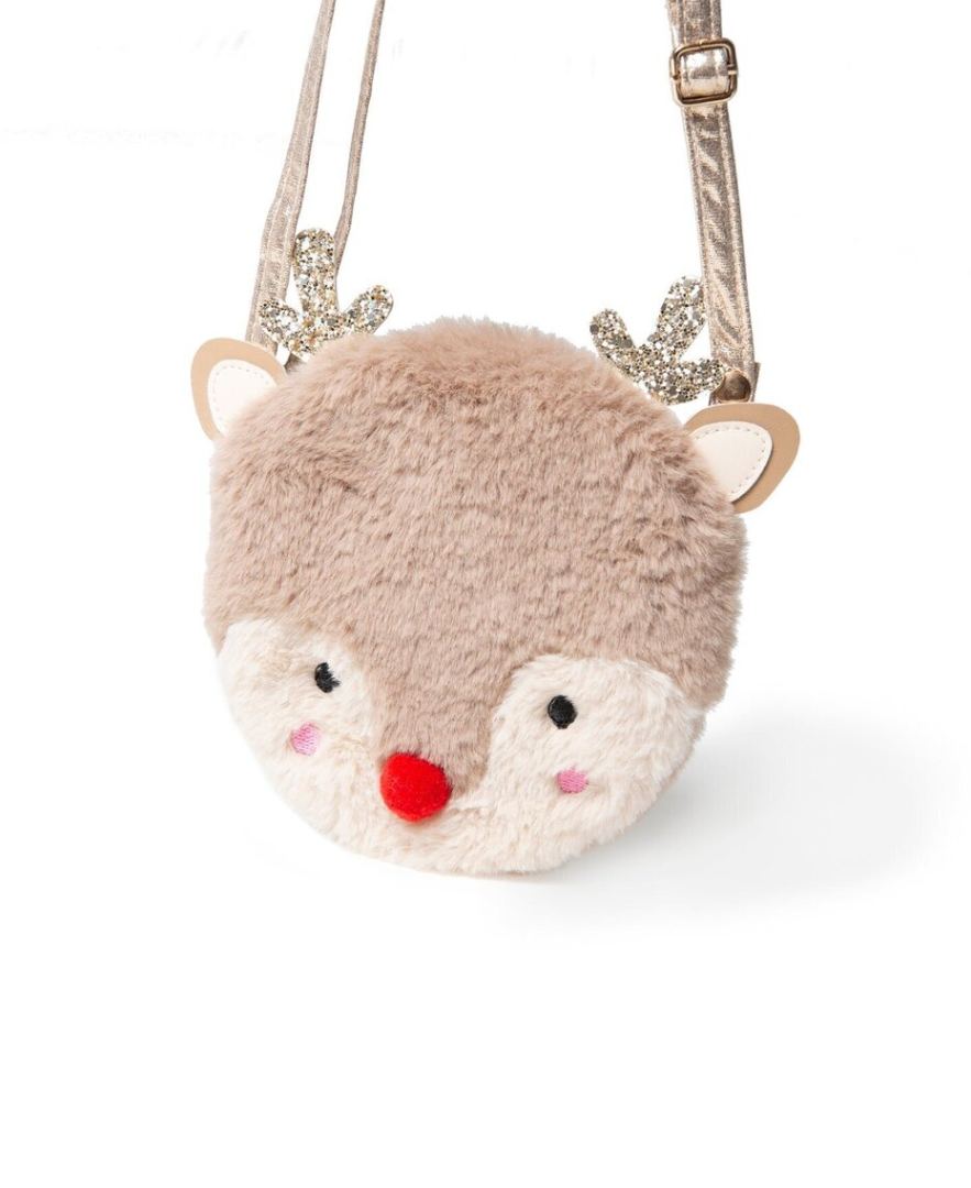 תיק פרוותי חום בצורת אייל קטן עם קרניים מנצנצות בזהב, אף אדום עם פונפון, סגירה מגנטית ורצועת זהב מתכווננת.