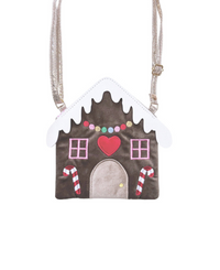 תיק קטיפה בצורת בית ממתרים  עם רקמות צבעוניות וגג מנצנץ, רצועת זהב מתכווננת וסגירה מגנטית.