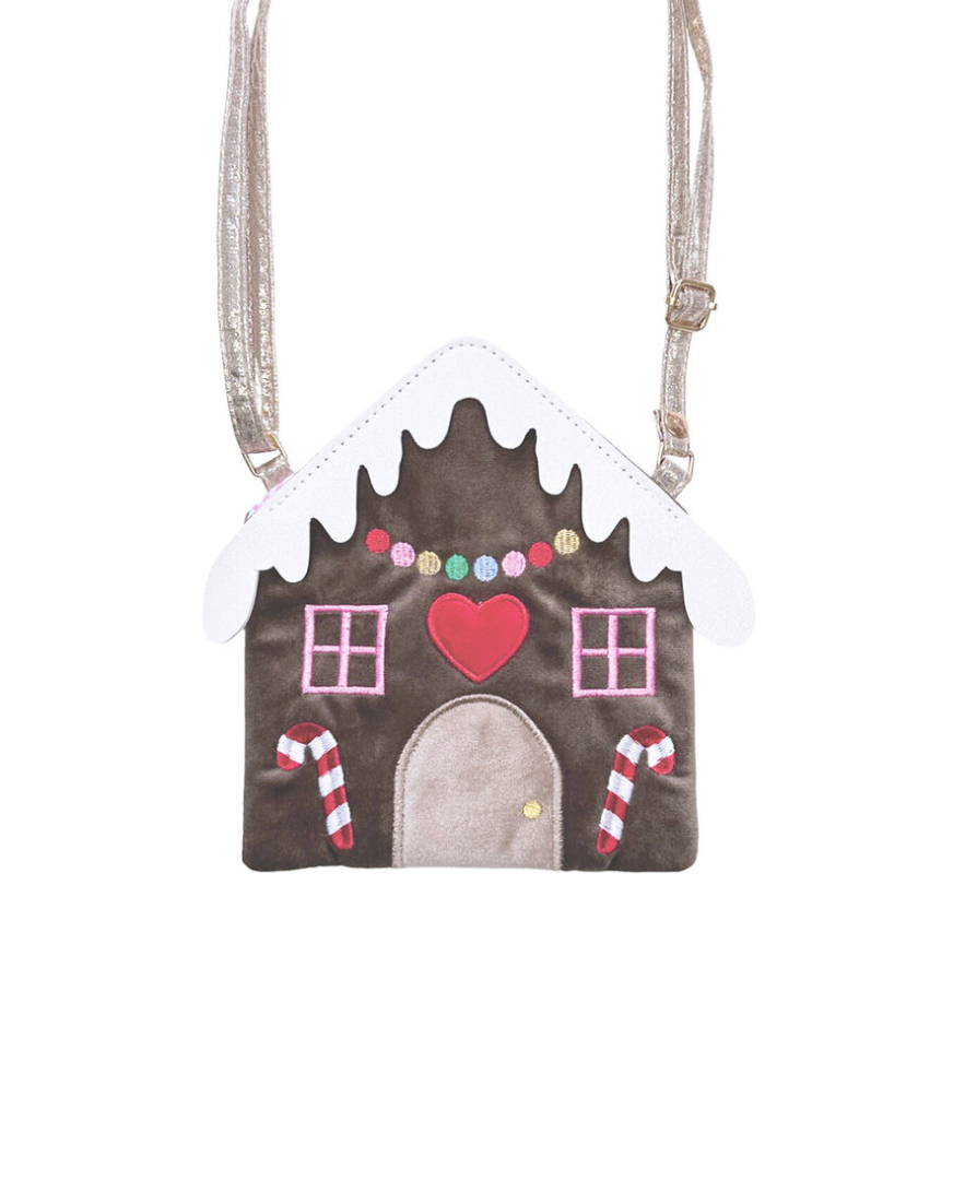 תיק קטיפה בצורת בית ממתרים  עם רקמות צבעוניות וגג מנצנץ, רצועת זהב מתכווננת וסגירה מגנטית.