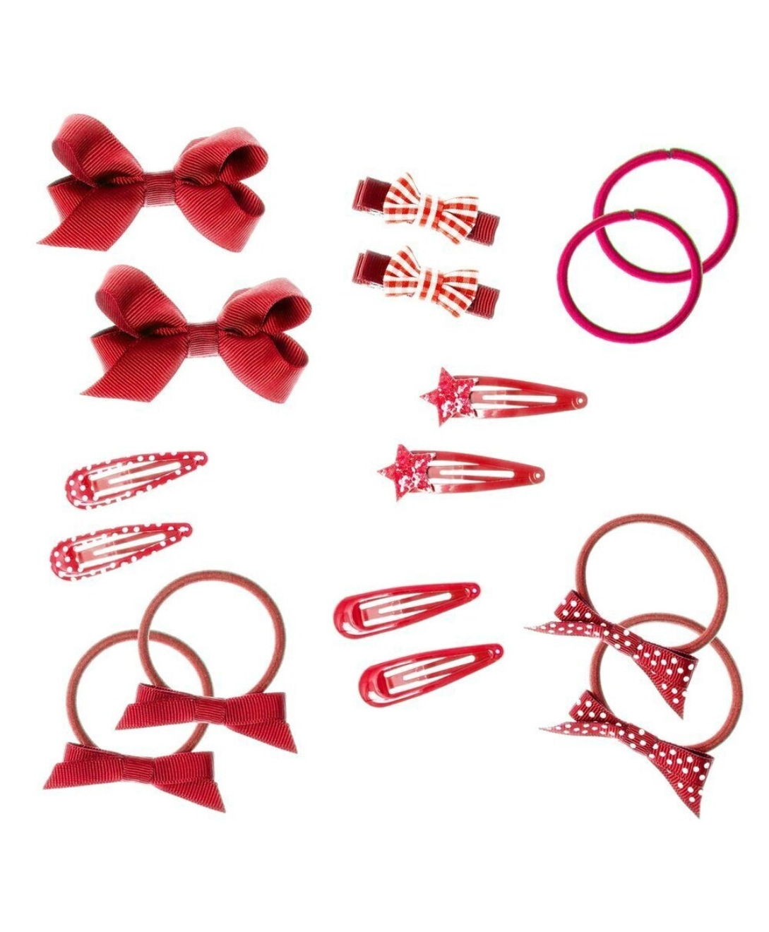 בסט של 16 אביזרי שיערבצבע אדום, בקופסת מתנה מודפסת עם ילקוט שניתן לשמור כדי לאחסן אותם. כולל סיכות לשיער וגומיות שיער.