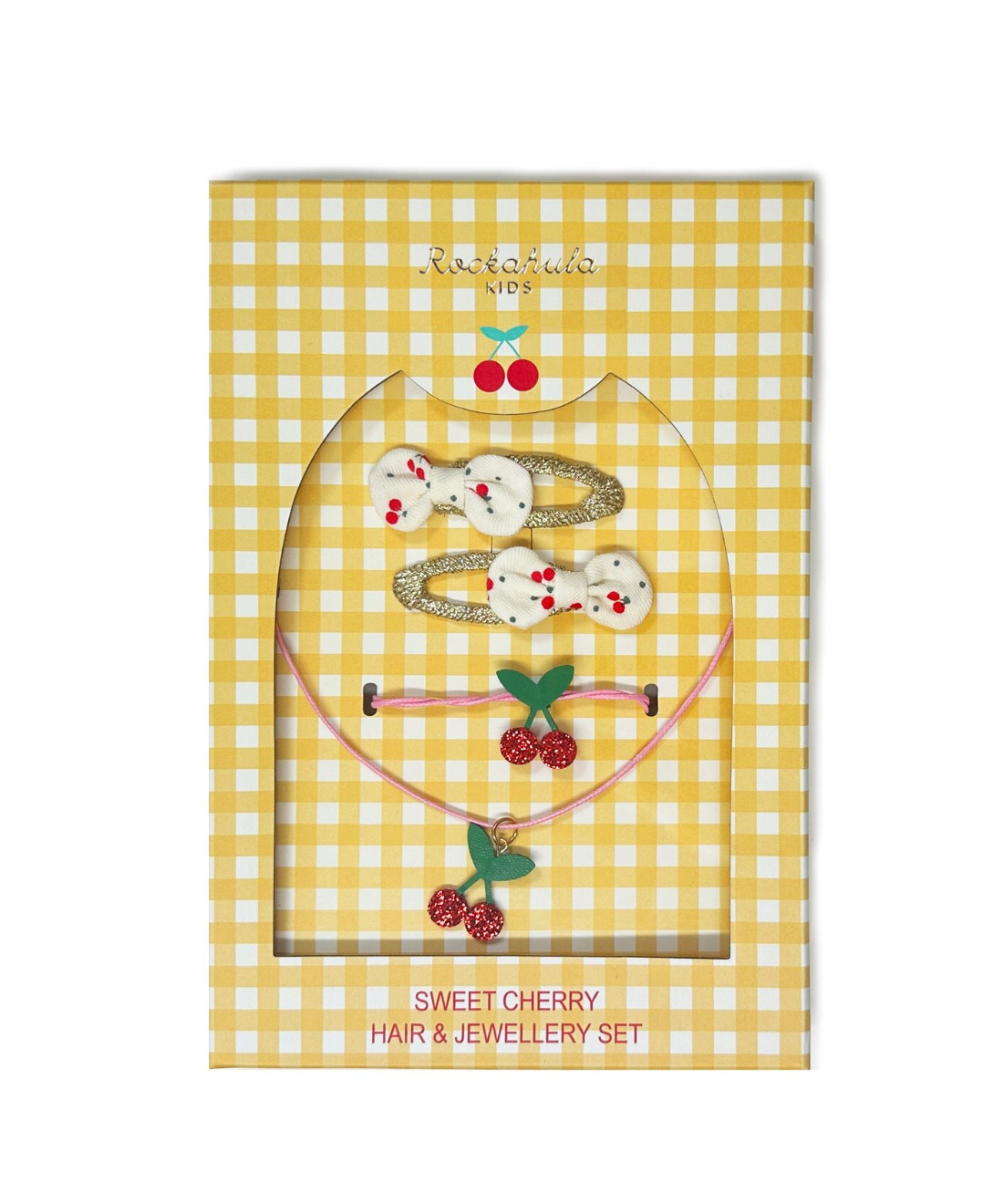 סט תכשיטים וסיכות לילדות בעיצוב דובדבנים צבעוני בקופסת מתנה