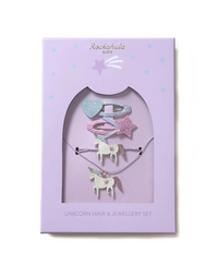 סט תכשיטים וסיכות לילדות בעיצוב חדי קרן צבעוני בקופסת מתנה