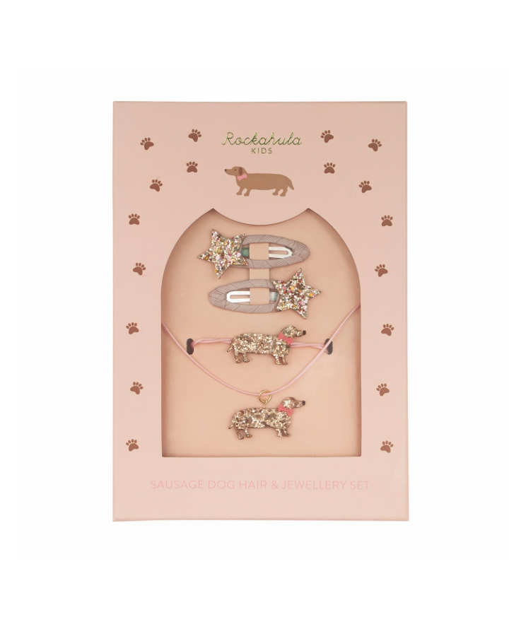 סט תכשיטים וסיכות לילדות בעיצוב כלבלבים מנצנץ  בקופסת מתנה