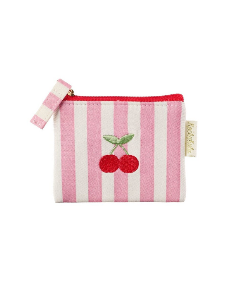 ארנק קטן לילדות בעיצוב דובדבן רקום על בד פסים ורוד עם רוכסן