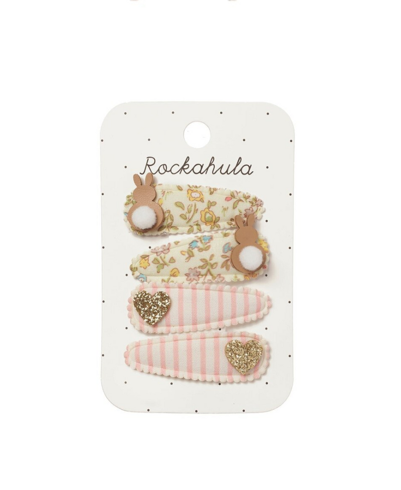 סט סיכות לשיער לילדות עם הדפס פרחים, ארנבות עם זנב פונפון, ולבבות זהב על בד פסים ורוד-לבן