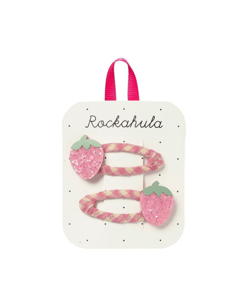 סיכות לשיער לילדות בעיצוב תותים ורודים מנצנצים על סרט משבצות ורודות