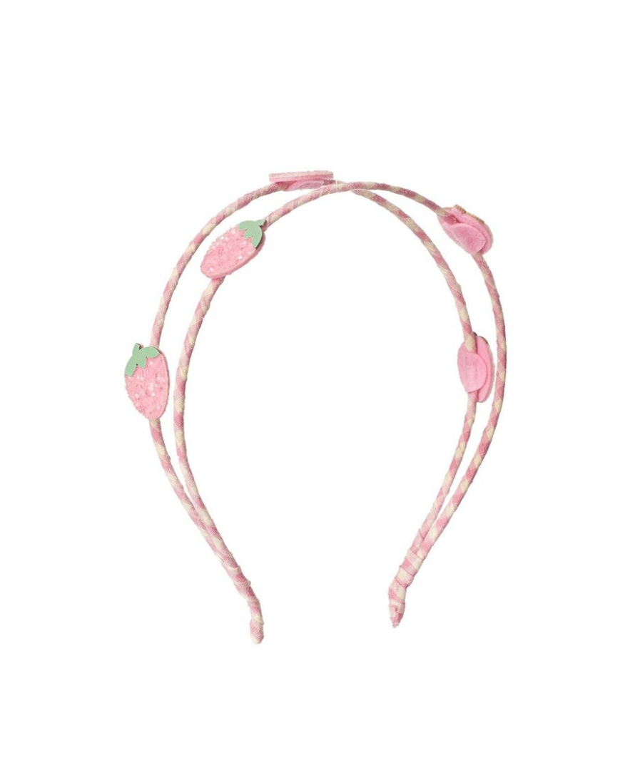 קשת כפולה לשיער לילדות בעיצוב תותים ורודים על סרט משבצות ורוד