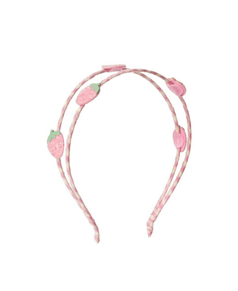 קשת כפולה לשיער לילדות בעיצוב תותים ורודים על סרט משבצות ורוד