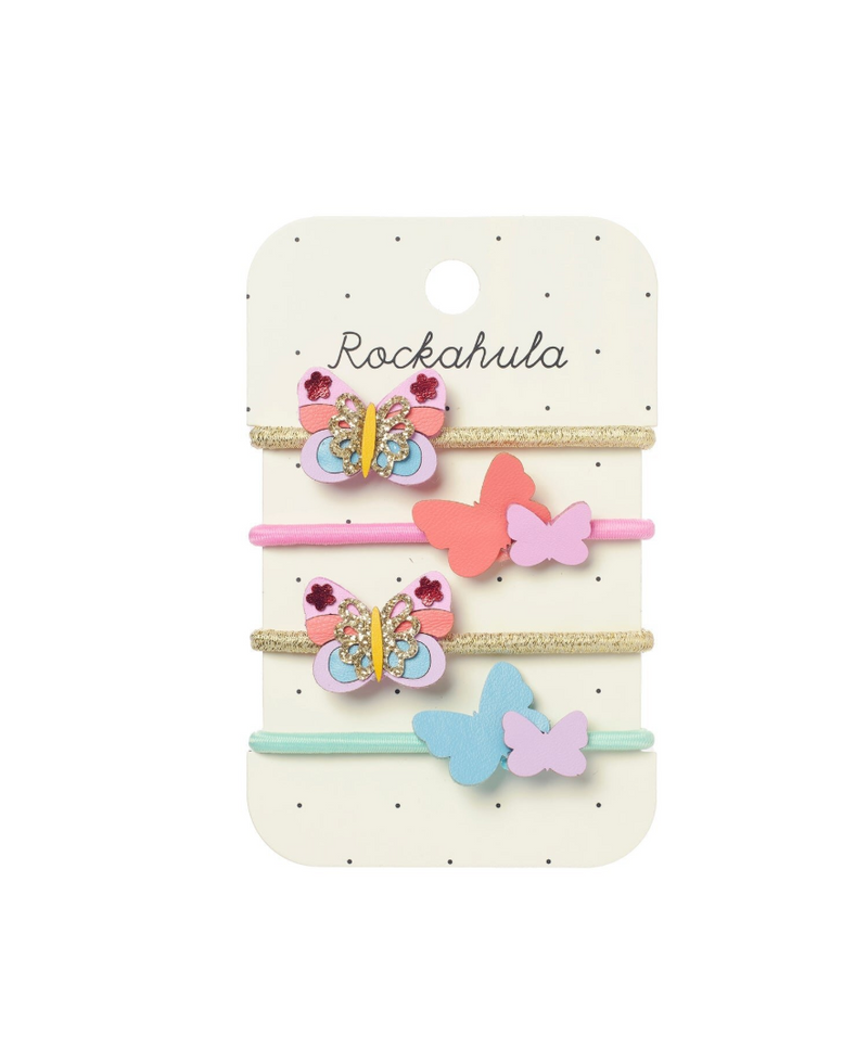 סט גומיות שיער לילדות בעיצוב פרפרים צבעוניים על גומיות בהירות