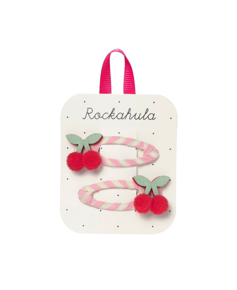 סיכות לשיער לילדות בעיצוב דובדבנים אדומים עם פונפון על סרט מפוספס