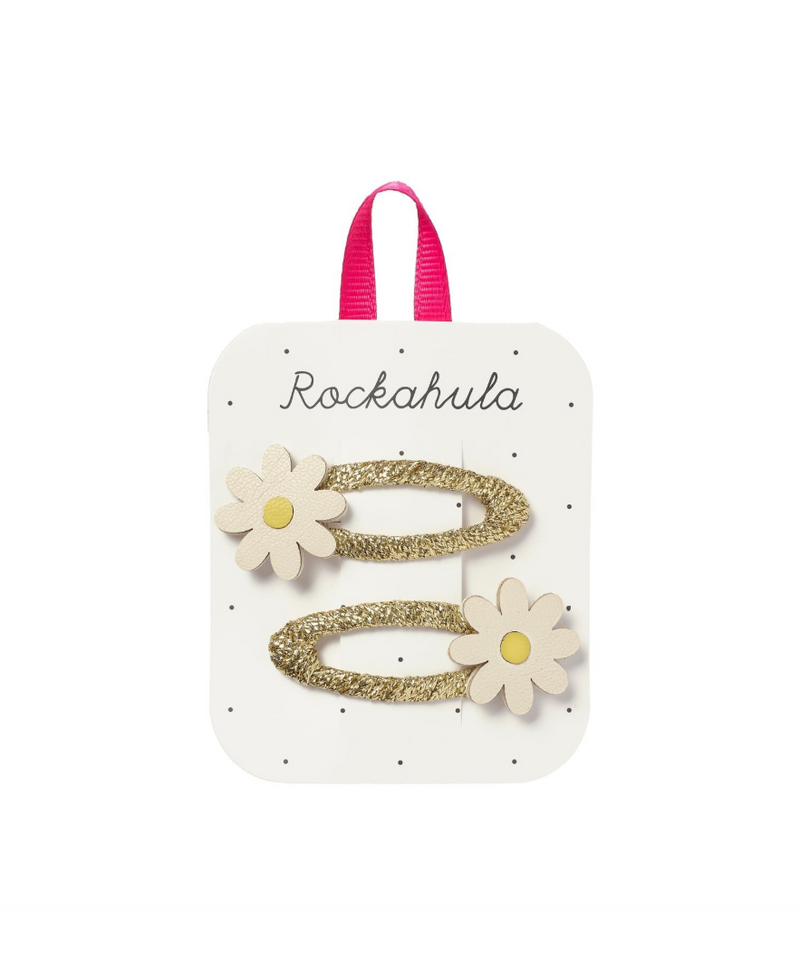 סיכות שיער לילדות עם פרחי חרצית על סרט זהב מנצנץ