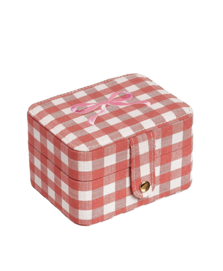 קופסת תכשיטים לילדות מבד משובץ ורוד עם פפיון רקום