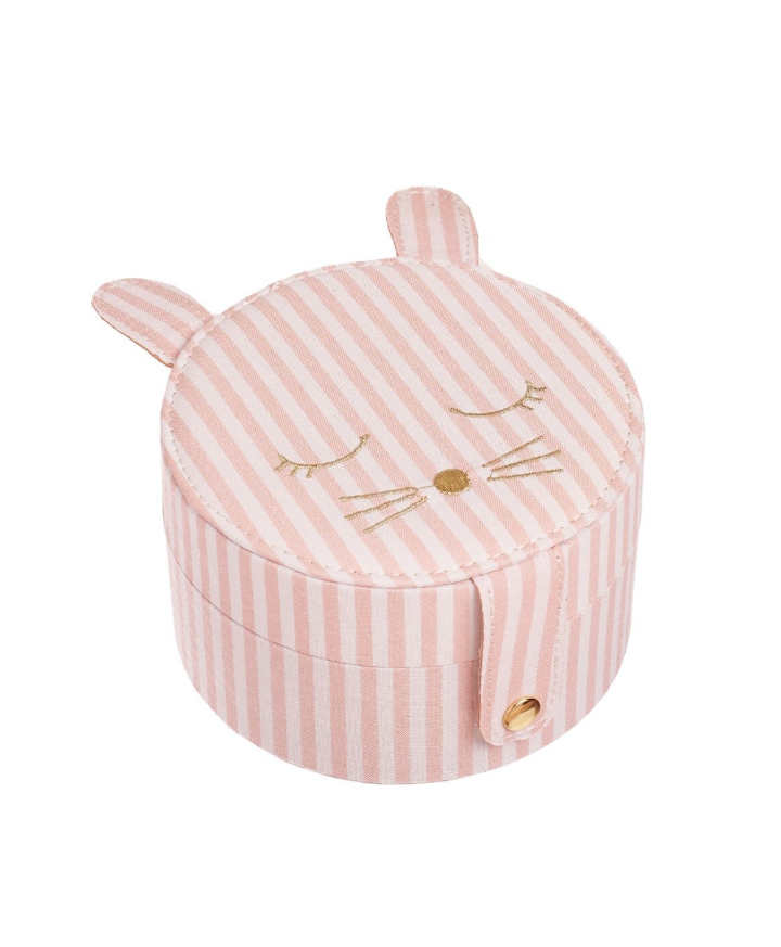 קופסת תכשיטים עגולה לילדות בעיצוב ארנב עם פסים ורודים ואוזניים רכות
