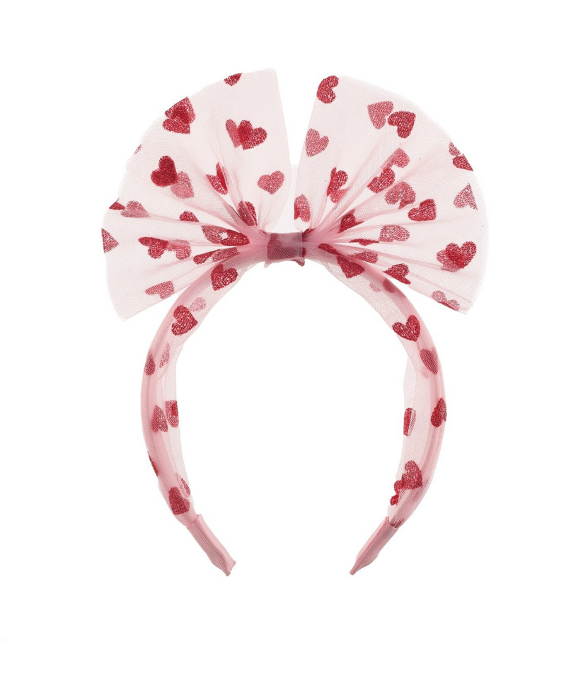 קשת טול ורודה לשיער לילדות עם לבבות מנצנצים. אביזר שיער מושלם ליום האהבה, נוח וחגיגי.