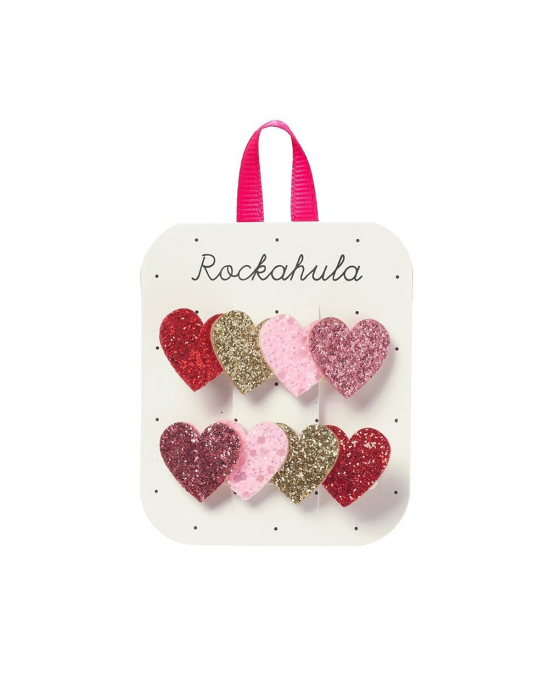 סט סיכות קליפס לשיער לילדות עם לבבות מנצנצים על סיכות עטופות בד רך