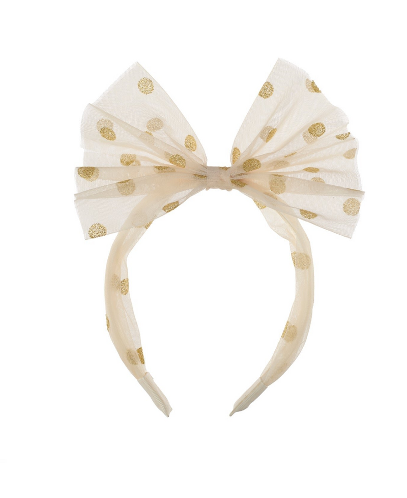 קשת טול זהב לשיער לילדות עם פפיון גדול מנצנץ