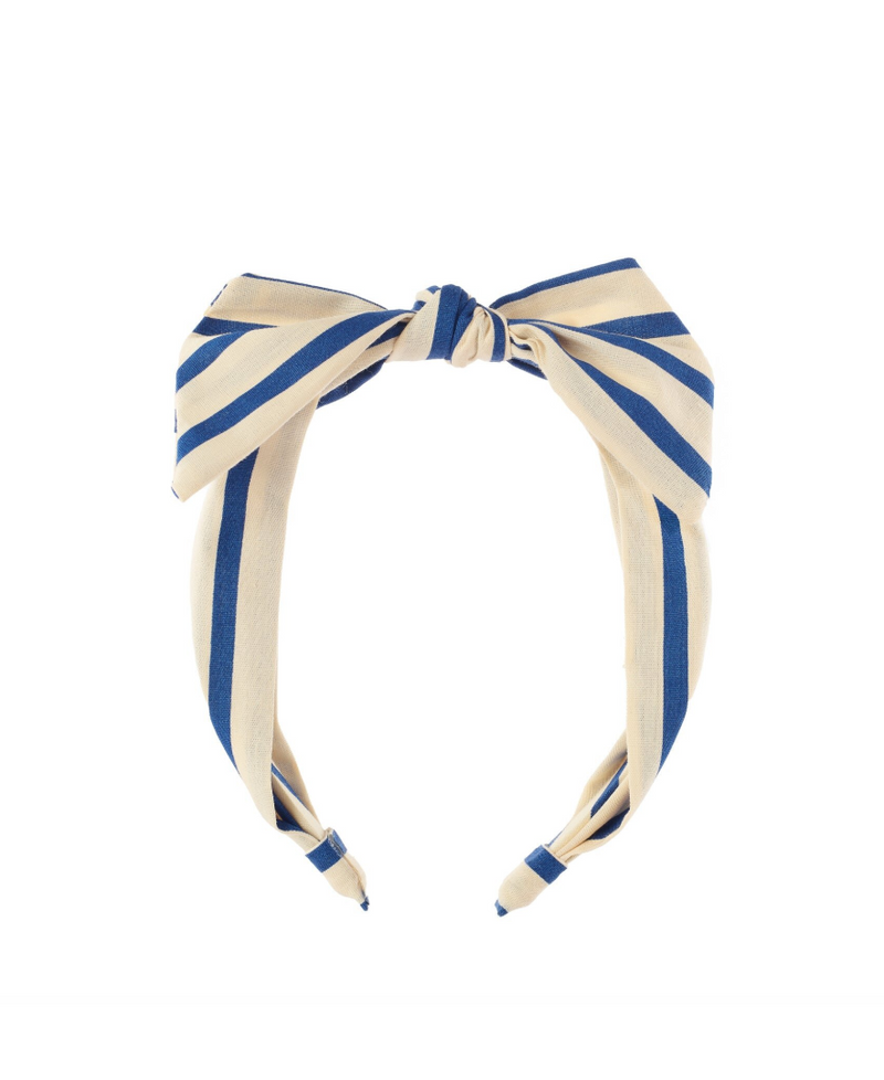 קשת לשיער לילדות בעיצוב פסים כחול־נייטרלי עם פפיון קשור