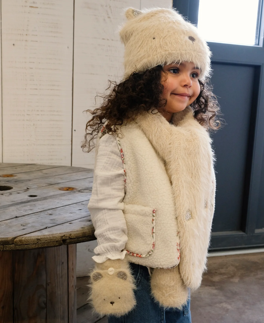 girl wearing oft teddy bear cozy winter accessories for kids 