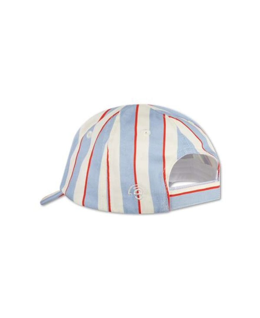 מבט מאחור על כובע מצחייה לילדים Seas the day של Swim Essentials בהדפס פסים עם שחף, מצחייה רחבה וסגירת סקוטש - מתאים לים, לבריכה ולטיולים בקיץ.