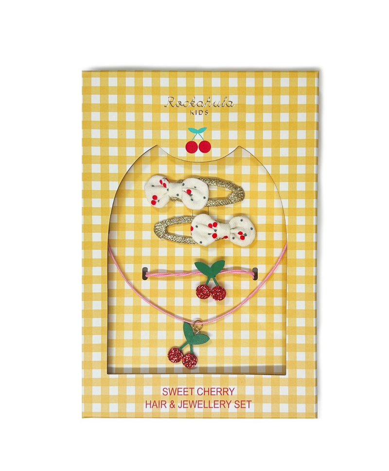 סט תכשיטים וסיכות לילדות בעיצוב דובדבנים צבעוני בקופסת מתנה