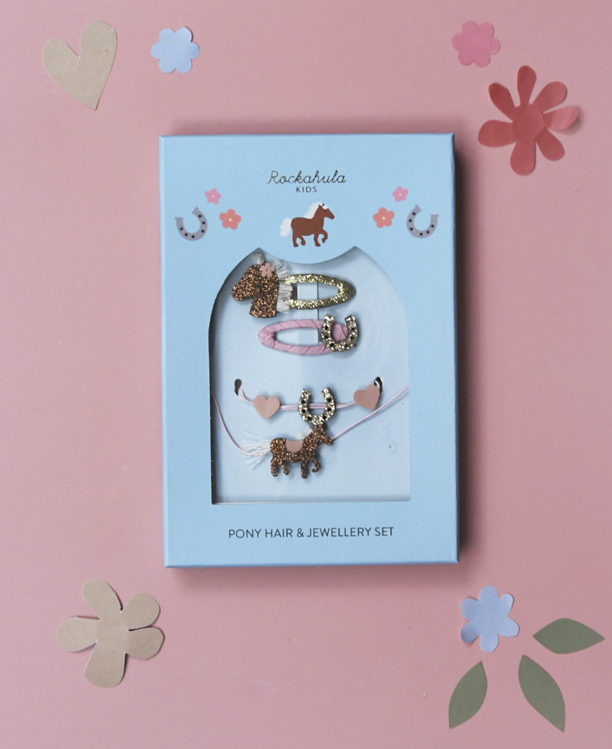 סט תכשיטים וסיכות לילדות בעיצוב סוס פוני ופרסת מזל מנצנץ בקופסת מתנה