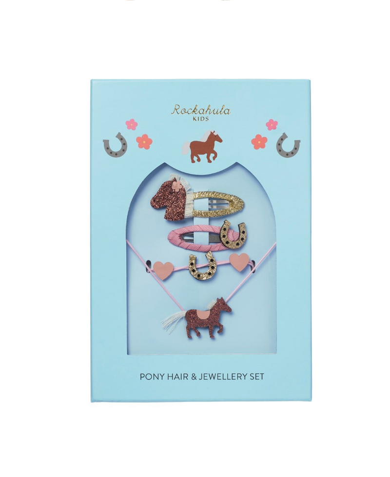 סט תכשיטים וסיכות לילדות בעיצוב סוס פוני ופרסת מזל מנצנץ בקופסת מתנה