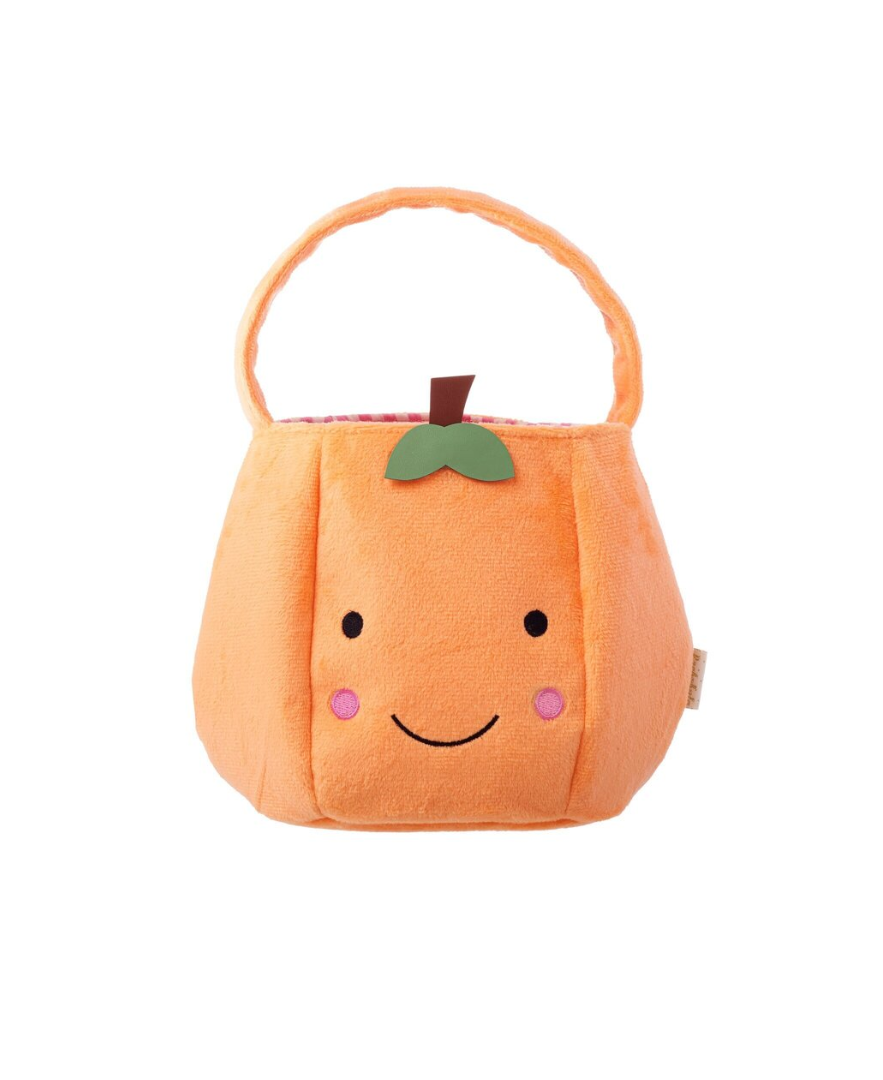 תיק דלעת מקסים עשוי קטיפה רכה בצבע כתום בוהק, עם פנים רקומים. מושלם לכל פעילות חמודה או לאחסון פריטים קטנים או ממתקים למסיבת האלווין