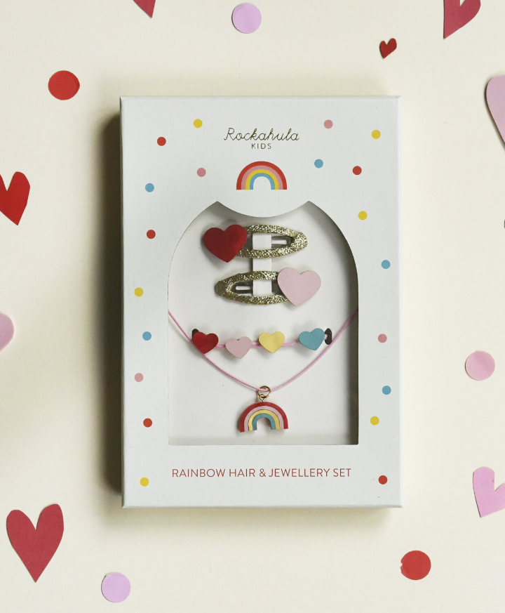 סט תכשיטים וסיכות לילדות בעיצוב קשת בענן  צבעוני בקופסת מתנה