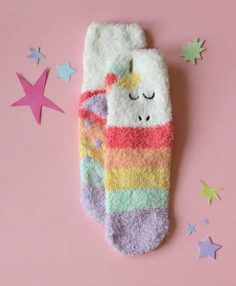 גרבי-נעלי בית חמות עם דגם חד קרן. מתנה מושלמת לילדים