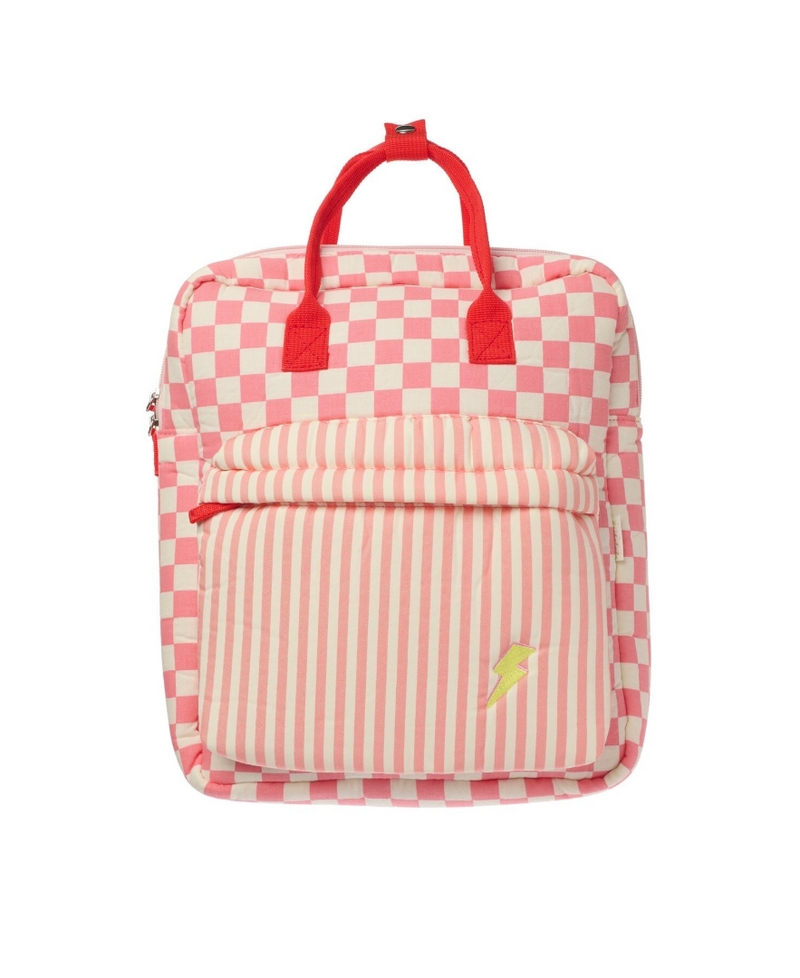 תיק גב לילדים בעיצוב משובץ ורוד עם פסים ורקמת ברק, רצועות גב מתכווננות
