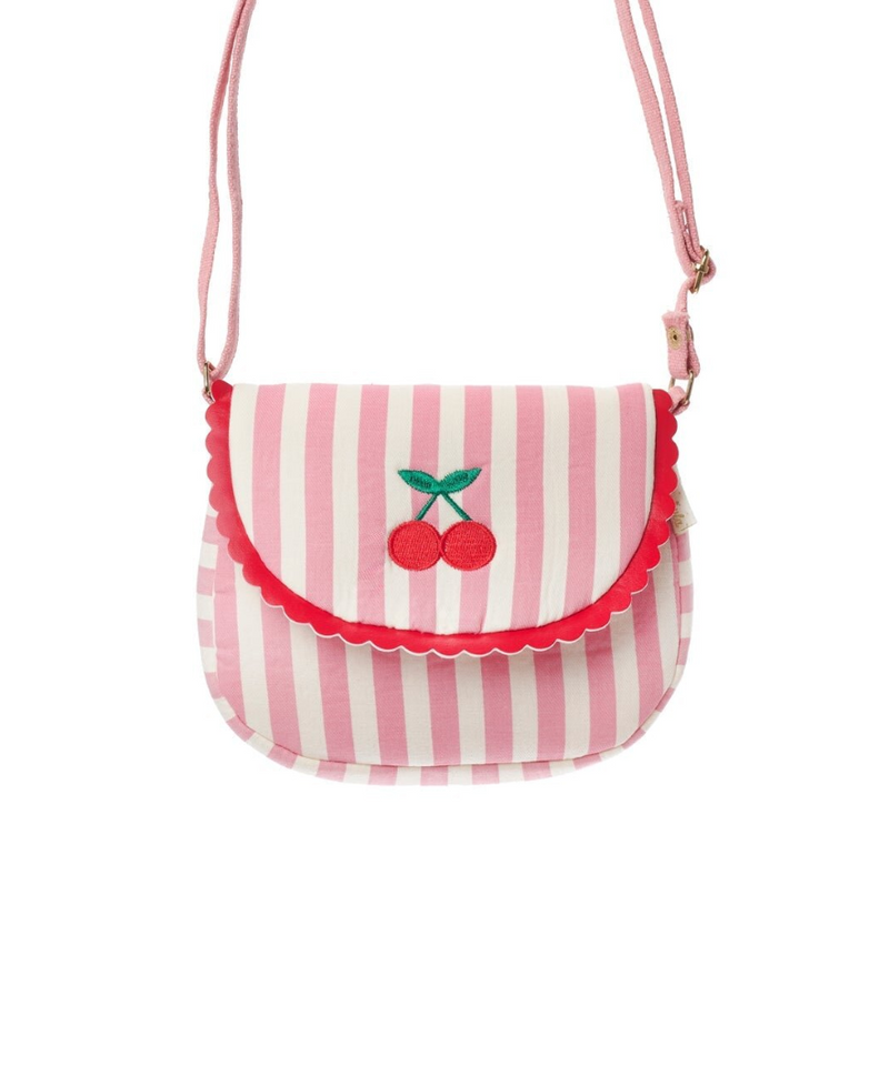 תיק צד לילדות בעיצוב דובדבן על בד ורוד מפוספס עם קצוות גליים