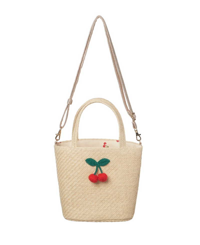 תיק סל לילדות בעיצוב דובדבנים סרוגים על ראפיה עם רצועה מתכווננת