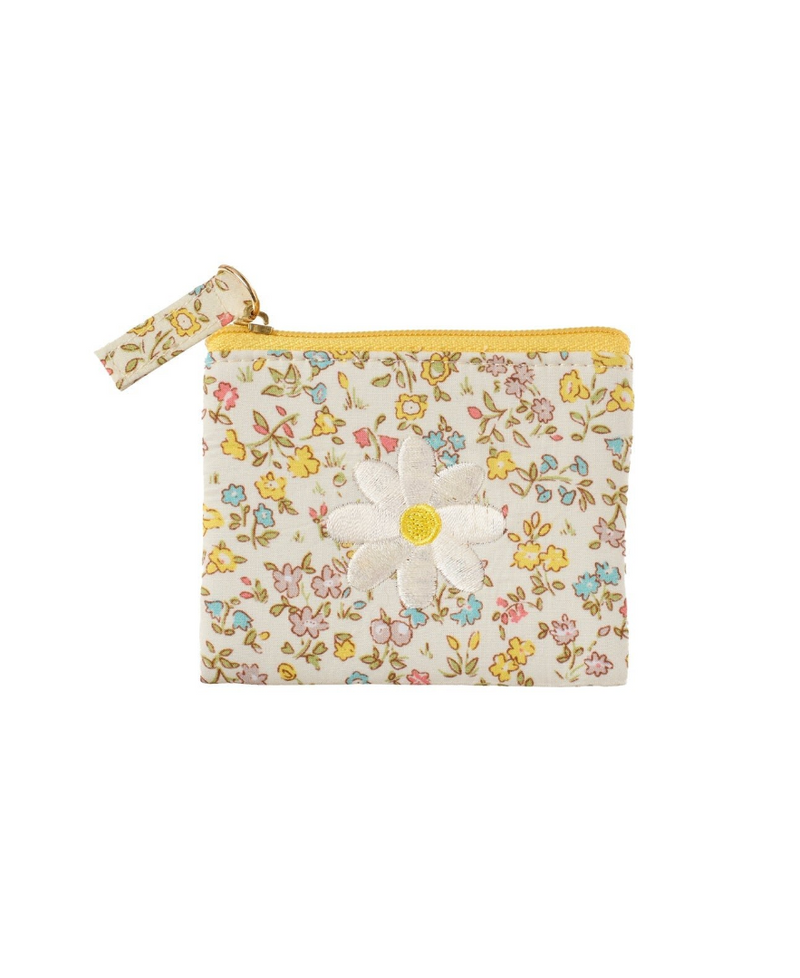 ארנק קטן לילדות בעיצוב פרח חרצית רקום על בד פרחוני עם רוכסן