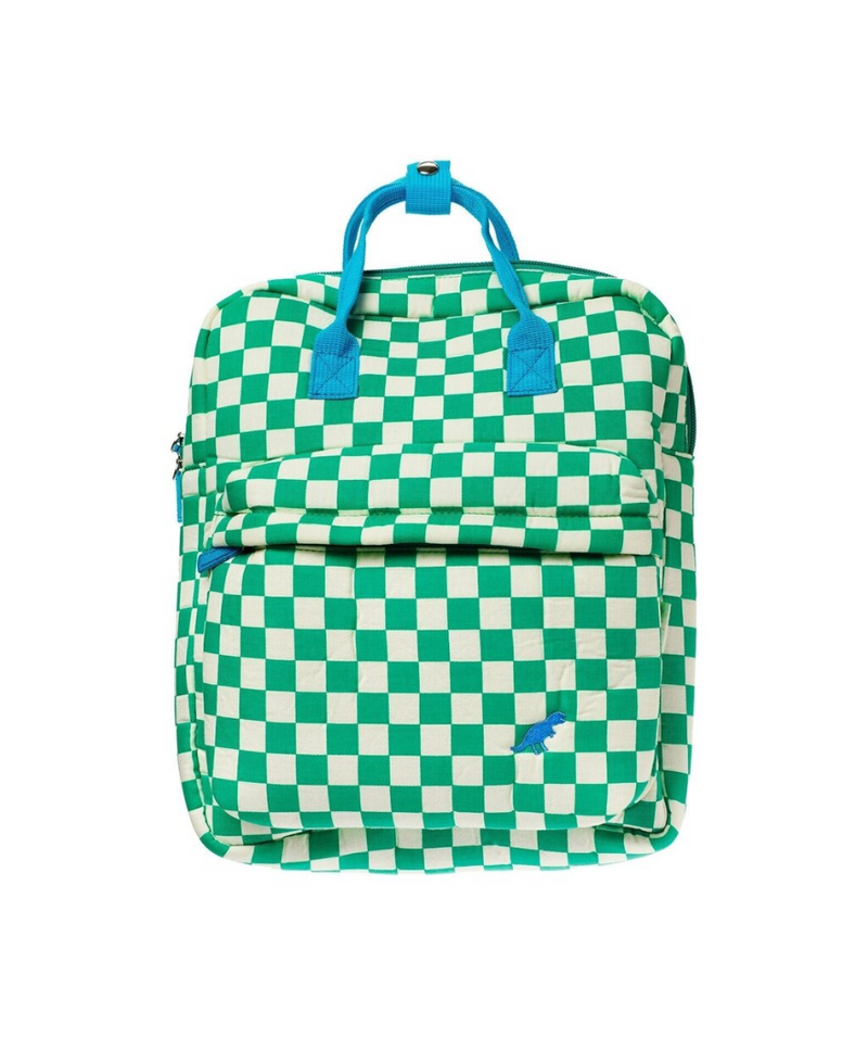 תיק גב לילדים בעיצוב דינוזאור משובץ ירוק עם כיס קדמי ורצועות גב מתכווננות