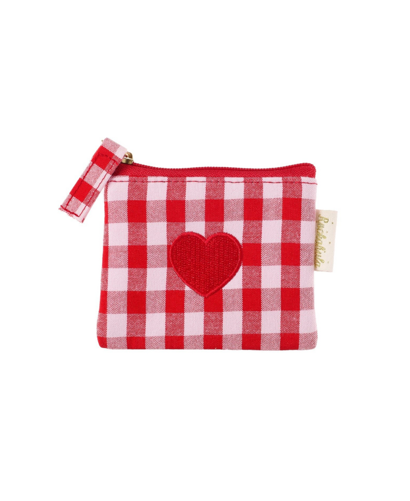 ארנק קטן לילדות בעיצוב לב רקום על בד משבצות אדום עם רוכסן