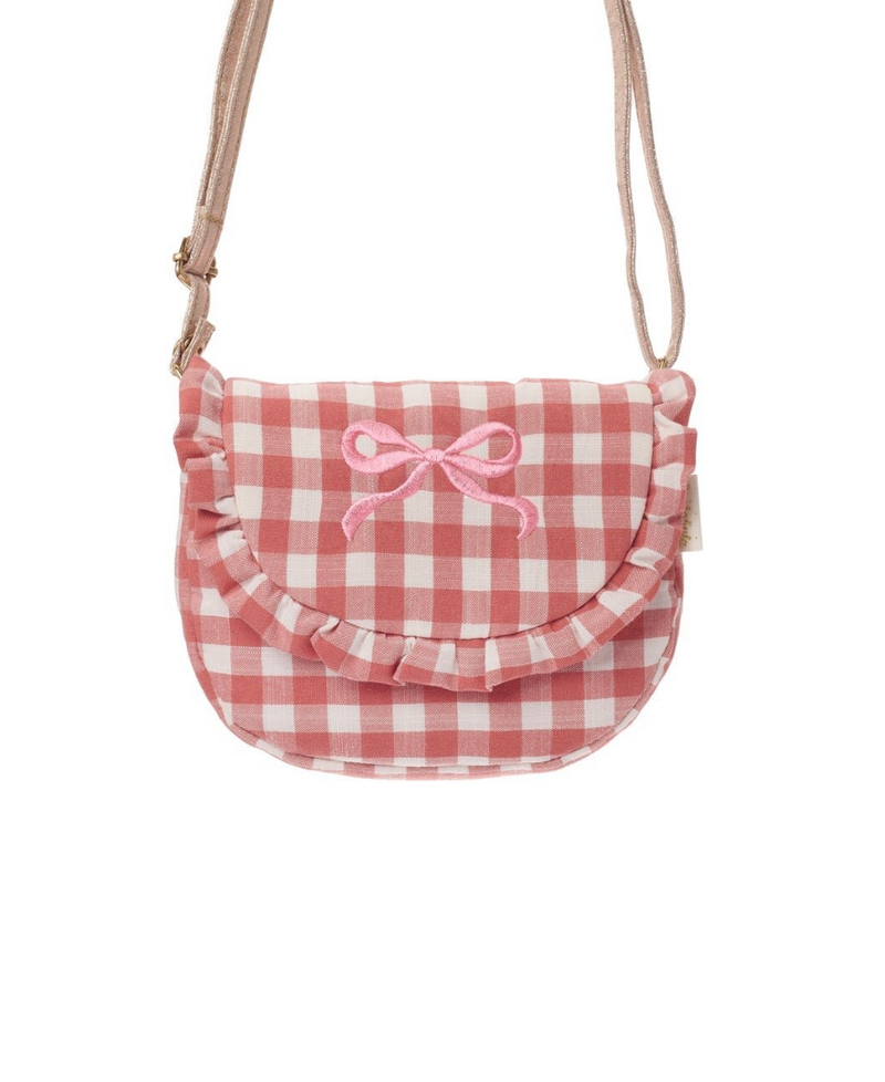 תיק צד לילדות מבד משבצות ורוד עם פפיון ורצועה מתכווננת