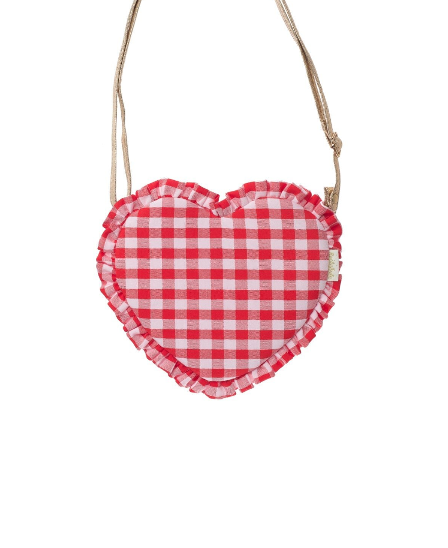 תיק צד לילדות בצורת לב מבד משבצות אדום וקפלים ורצועה מתכווננת