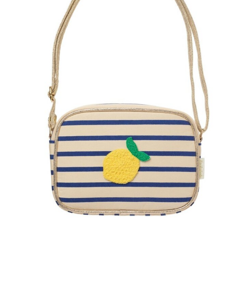 תיק צד לילדות בעיצוב לימון קיצי על בד פסים כחול עם רצועה מתכווננת