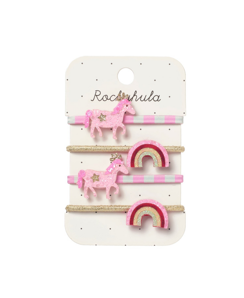 גומיות שיער לילדות עם פוני ורוד מנצנץ וכתרי זהב וקשתות צבעוניות