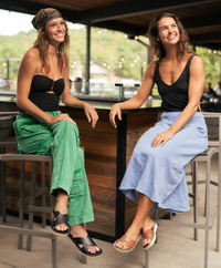 נשים מחייכות בחופשה נועלות כפכפי עור נוחים מבית סולט ווטר crosswindשחור ו- boardwalk slide כאמל