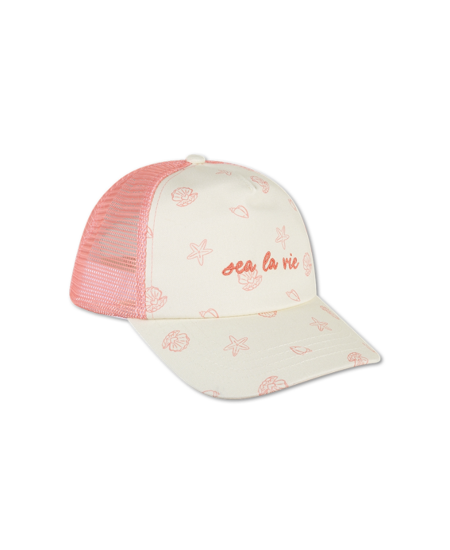 כובע מצחייה לילדים Sea la vie של Swim Essentials בהדפס צדפים ורוד עם רשת אחורית, מצחייה רחבה וסגירת סקוטש - מתאים לים, לבריכה ולטיולים בקיץ.