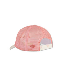 מבט מאחור על כובע מצחייה לילדים Sea la vie של Swim Essentials בהדפס צדפים ורוד עם רשת אחורית, מצחייה רחבה וסגירת סקוטש - מתאים לים, לבריכה ולטיולים בקיץ.