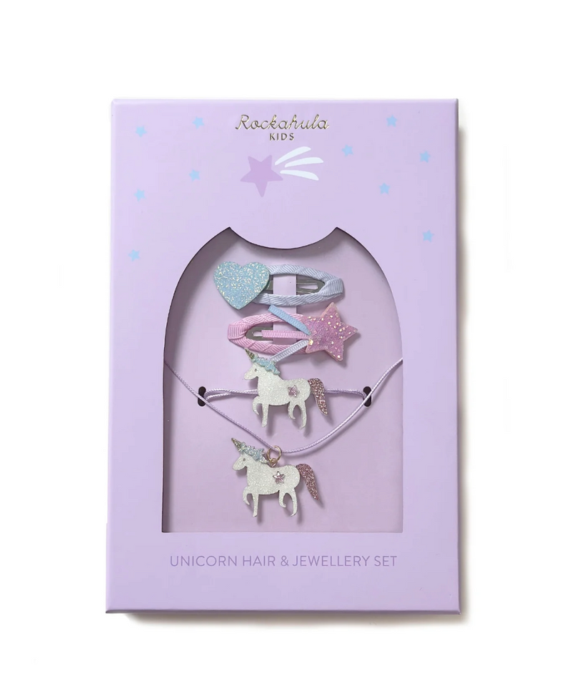 סט תכשיטים וסיכות לילדות בעיצוב חדי קרן צבעוני בקופסת מתנה